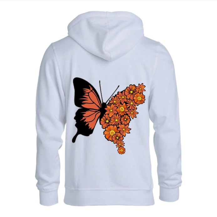 Hettegenser med oransje sommerfugl - en blomstervinge